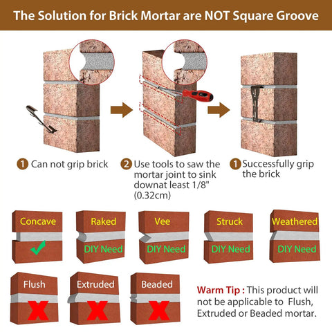Illustration showing installation of heavy duty brick hook clips for secure outdoor hanging on queen size bricks using no tools.