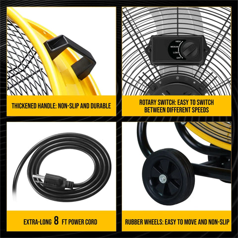 Close-up of 24 Inch Metal Drum Fan features: non-slip handle, rotary switch, 8-foot power cord, rubber wheels for easy movement.