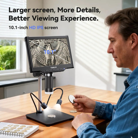 Adult using Large 10.1 Inch Digital Microscope With 178 Degree View, 1080P 1200X Magnification for coin examination on a desk
