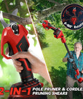 Rugged Electric Pole Pruner And Cordless Shears With Telescoping Rod, hands demonstrating quick action on tree branches.