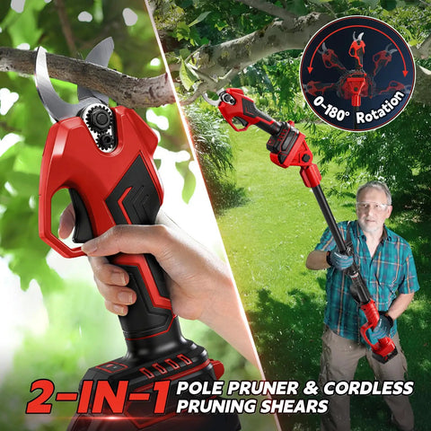 Rugged Electric Pole Pruner And Cordless Shears With Telescoping Rod, hands demonstrating quick action on tree branches.
