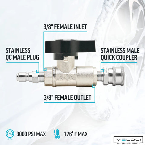Veloci 3/8-inch plated brass ball shut-off valve with stainless steel quick coupler and plug, side view