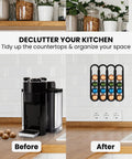 Dope Under Cabinet Capsule Organizer For Vertuo Pods 20 Capacity Adhesive shown before and after mounting under kitchen cabinet.