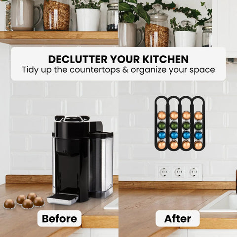 Dope Under Cabinet Capsule Organizer For Vertuo Pods 20 Capacity Adhesive shown before and after mounting under kitchen cabinet.