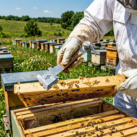 Beekeeper using All-In-One Beekeeping Steel Hive Tool With Wooden Handle, 7 Functions Including Scraper, in an apiary