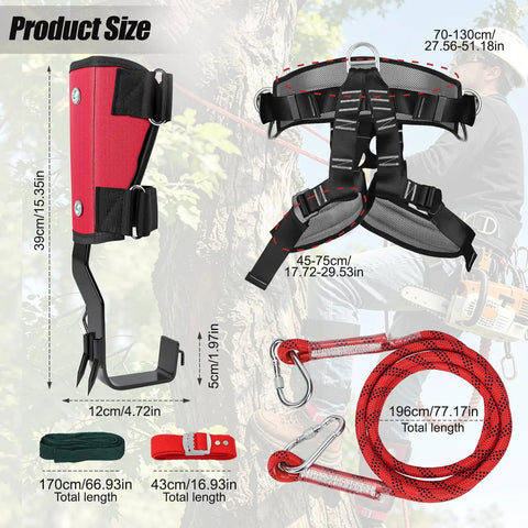Tree Climbing Spikes Set With Rope And Straps For Climbers Hunters Fruit Pickers And Loggers Durable Wear Resistant Claws Manganese Steel with product sizes shown