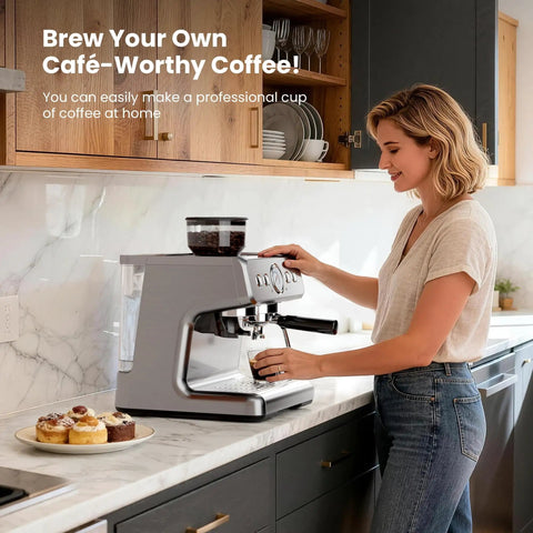 Woman using a Game Changing Espresso Machine With Built In Grinder And 20 Bar Pressure at a kitchen counter.