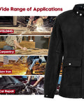 Leather Welding Jacket Built Tough For Welders, Heavy Duty Cowhide With Heat And Flame Resistance, FR Work Safety Gear shown with applications.