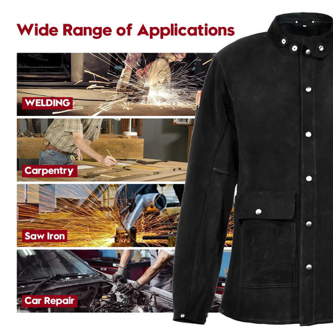 Leather Welding Jacket Built Tough For Welders, Heavy Duty Cowhide With Heat And Flame Resistance, FR Work Safety Gear shown with applications.
