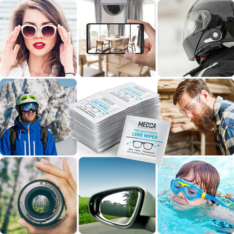 Premoistened lens cleaning wipes in individually wrapped sachets; pack of 100 for glasses, camera, and phone.