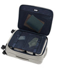 Open Softside Bigger Carry On Luggage 23 Inch Expandable With Spinner Wheels Built Tough Nylon TSA Accepted Cloud Gray interior view.