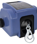 Must-Have Reversible 12V Electric Winch With Wireless Remote For Heavy Duty Trailer And Offroad Recovery Pulling Up To 2000lbs, blue casing with steel rope.