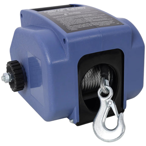 Must-Have Reversible 12V Electric Winch With Wireless Remote For Heavy Duty Trailer And Offroad Recovery Pulling Up To 2000lbs, blue casing with steel rope.