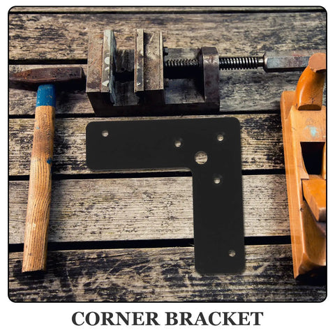 Heavy Duty Stainless Steel Corner Bracket Set, black metal bracket with tools on wooden surface