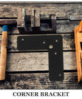 Stainless Steel Corner Brackets 4 Pack L Shaped Built Tough 100x100mm, 2mm thick in workshop setting with tools