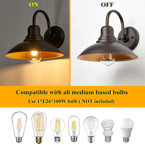 Two Pack Oil Rubbed Bronze Outdoor Wall Sconces With Clear Seedy Glass Farmhouse Exterior Light Fixtures 13.25 Inch Porch Barn Patio Doorway Entryway Lighting Built Tough Weatherproof Outdoor Use, lit and unlit view showing bulb compatibility.