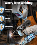 Person using 2 in 1 Handheld MIG and Stick Welder Workhorse Portable 250A Flux Core Gasless Welder 110V, sparks visible, wearing helmet