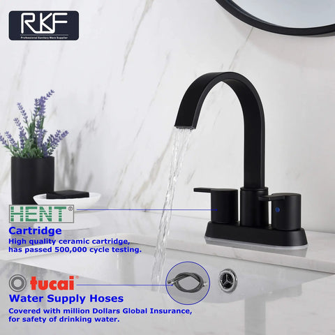 4 Inch Matte Black Bathroom Sink Faucet With Sleek Modern Arc Design, Solid Brass Build, Easy Install, Durable Construction, And BF040-9-MB Model