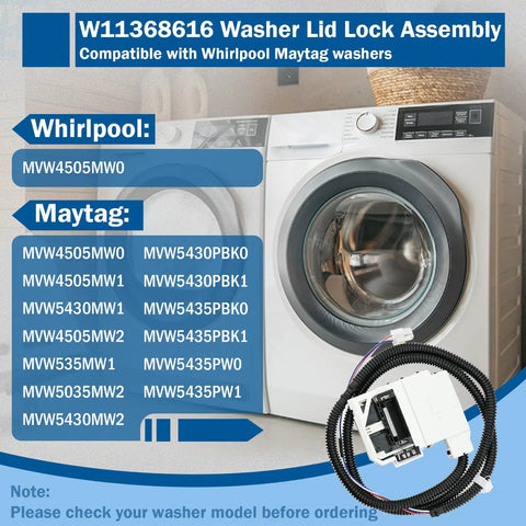 Easy Fit Washer Lid Lock Assembly For Whirlpool And Maytag Washers Replacement Numbers W11670519 AP7214714 PD00085482 4981394 12250-71 11.352.731 Replaces Faulty Door Latch With Plug And Play Durability Fits MVW4505MW0 MVW4505MW1 MVW4505MW2. White washer lid lock assembly with wiring harness for Whirlpool and Maytag models.