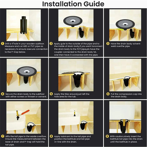 Installation guide for Rock Solid Freestanding Bathtub Drain Rough In Mounting Kit with illustrations and steps.