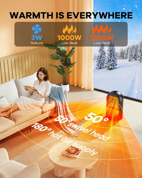 Crank Up The Heat 1500W Space Heater For Your Desk And Office warming a living room with 50 degree oscillation and ceramic technology.
