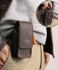 Badass Leather Multitool Sheath For Men Featuring Magnetic Closure Belt Holster Everyday Carry Organizer Fits Leatherman Gerber Folding Tools Compact Bit Case Storage Solid Dark Brown Finish with a multitool secured in leather sheath.