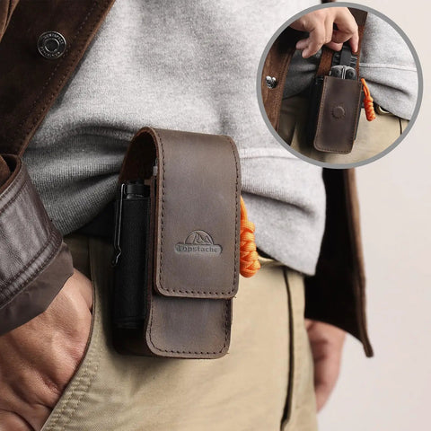Badass Leather Multitool Sheath For Men Featuring Magnetic Closure Belt Holster Everyday Carry Organizer Fits Leatherman Gerber Folding Tools Compact Bit Case Storage Solid Dark Brown Finish with a multitool secured in leather sheath.