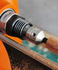 Close-up of Pen Mandrel Kit For MT1 Morse Taper Woodturning Lathe Simple MT1 Spindle Setup in use on a wood lathe