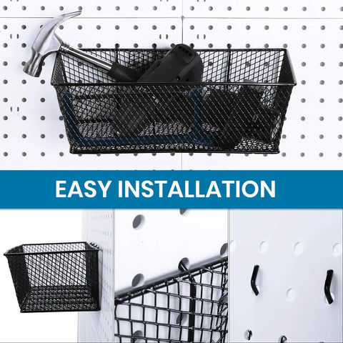 Pegboard Baskets Set Four Large Steel Wire Baskets For Garage And Workshop Organization Wall Mounts That Actually Make Space Shine Must Have Tools DIY Ready Small Parts And Gadgets Neatly And Quickly, front view with tools