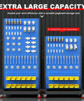 Double pegboard storage rack with yellow bins, hooks, extra large capacity, adjustable for tools, screws, and hardware organization.