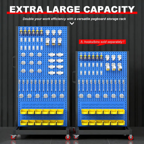 Heavy Duty 2 Tier Mobile Steel Workshop Shelving Unit with pegboard and bins for tools, lockable wheels, handles visible