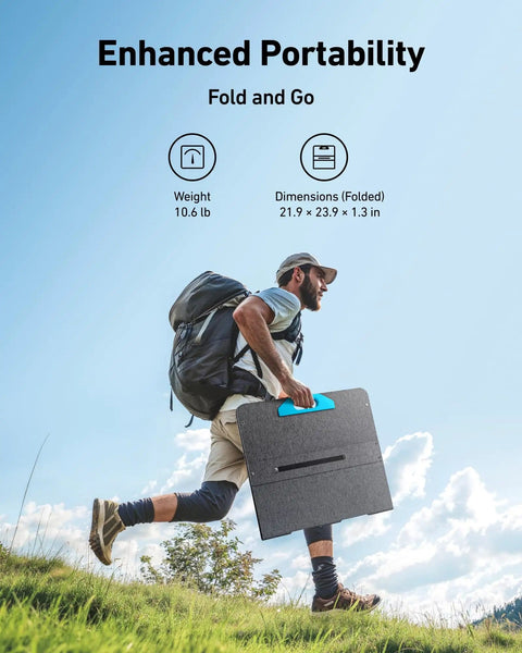 Man hiking with Beast 100W Foldable Portable Solar Panel Charger With Adjustable Kickstand IP67 Waterproof 23 Percent Higher Energy Conversion Efficiency Ideal For Camping RV Trips And Blackouts