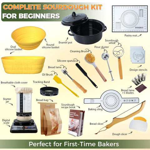 Sourdough Starter Kit For Beginners Newbie Friendly With 34 Oz Starter Jar And Clear Scale Markings Two Silicone Proofing Baskets Complete Bread Baking Kit With Guide And Recipes Easy To Use And Clean Yellow components shown, including jar, baskets, and tools.