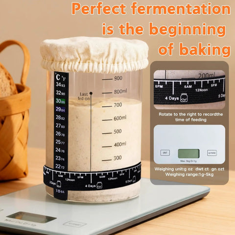 Close-up of 34oz starter jar on digital scale from All-In-One Sourdough Starter Kit With Enameled Cast Iron Dutch Oven, Digital Scale, And 4 Banneton Proofing Baskets, Beginner Guide, Sling, The Ultimate Bread Making Gift Set For Home Bakers.