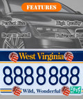 Dope Orange Dice License Plate Screws Kit installed on West Virginia license with decorative caps on car background.