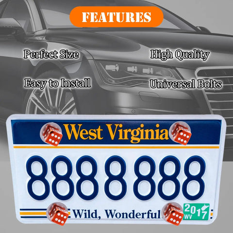 Dope Orange Dice License Plate Screws Kit installed on West Virginia license with decorative caps on car background.