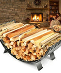 Built Tough Heavy Duty Metal Firewood Rack For Indoor And Outdoor Use With 24 Inch Large Capacity Arc Shape Design next to a fireplace