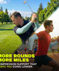 Man golfing and running wearing UV Shield Arm Sleeves for sun protection and compression.