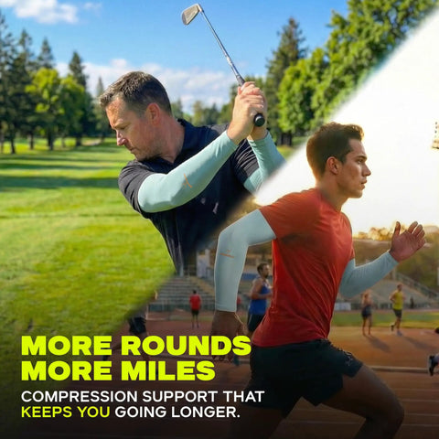 Man golfing and running wearing UV Shield Arm Sleeves for sun protection and compression.