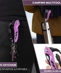 Pink 6-In-1 Multitool Carabiner With Knife, Bottle Opener, attached to a pocket and used as EDC keychain for camping and hiking.
