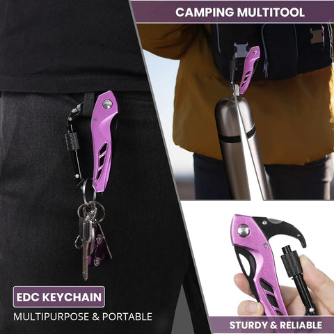 Pink 6-In-1 Multitool Carabiner With Knife, Bottle Opener, attached to a pocket and used as EDC keychain for camping and hiking.
