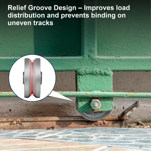 Tough As Nails 5 Inch V Groove Steel Track Wheel with Relief Groove design improving load distribution on uneven tracks.