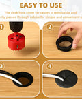Four-step installation of Two Inch Desk Grommet Set White ABS Plastic Cable Hole Covers With Hole Saw and cables through desk