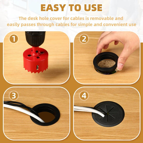 Four-step installation of Two Inch Desk Grommet Set White ABS Plastic Cable Hole Covers With Hole Saw and cables through desk