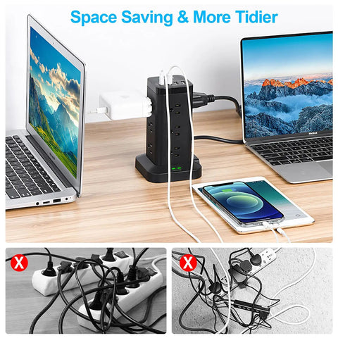 Beefy Power Strip Tower With USB Ports And Surge Protector 12 Outlets And 4 USB Ports Including USB C 10 Ft Extension Cord