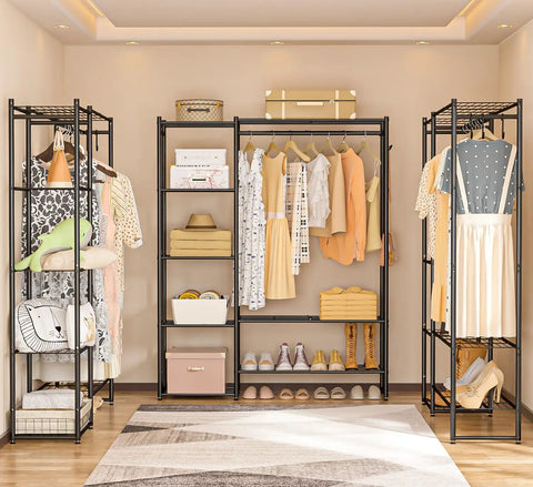 All In One Wardrobe Closet Organizer With Hanging Rod And Four Shelves Free Standing Portable Clothing Rack For Bedroom