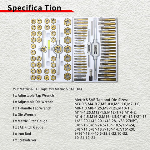 Heavy Duty Tap and Die Set Titanium Coated in Bearing Steel 86 Piece with Metric and SAE taps and dies displayed in case
