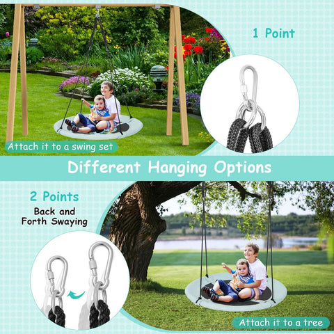 40 Inch Saucer Tree Swing For Kids With Carabiners, Adjustable Hanging Ropes From 55 To 71 Inches, backyard use options shown
