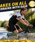Cyclist on road bike with Under Seat Bike Bag For Mountain And Road Bikes With 3D Shell Design Waterproof Zippers, scenic backdrop