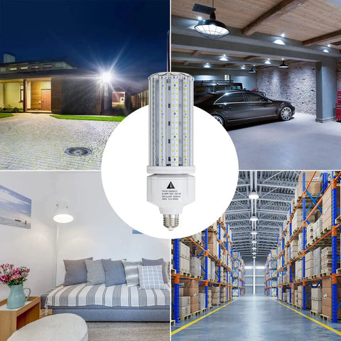 Ultra Bright 100W LED Corn Light Bulb 15000 Lumens 5000K Cool White E26 And E39 Base in various lighting settings